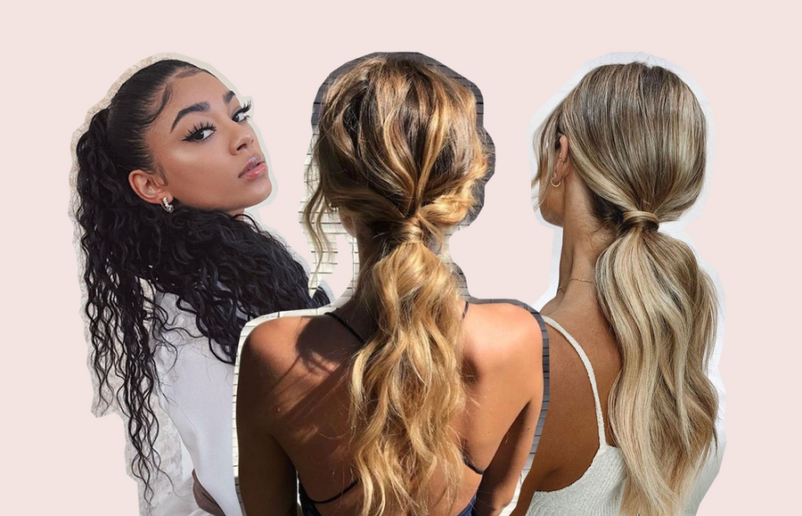 three women wearing curly ponytail hairstyles; from left, black woman with natural curly hairstyle, then blonde woman with a curly ponytail shot from the back, then side profile of another blonde woman