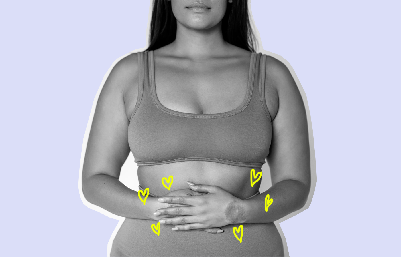 black and white image of woman rubbing stomach for gut health because affects your hair and skin positively