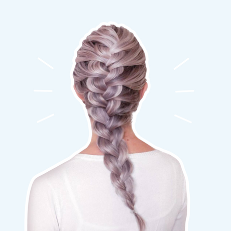 Photo of back of woman's head with mermaid braid hairstyle. Blue background with white stroke.