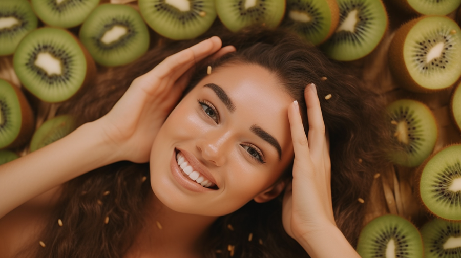 Picture of a woman using kiwifruit to detoxify her hair, making her hair grow.