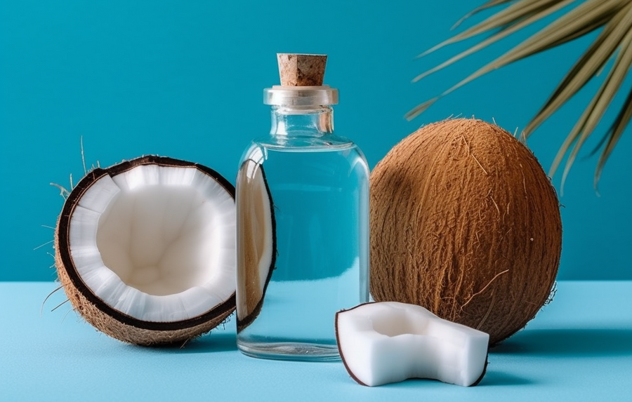 picture of a coconut fruit and some essential oils, natural ways to hydrate your hair at home.