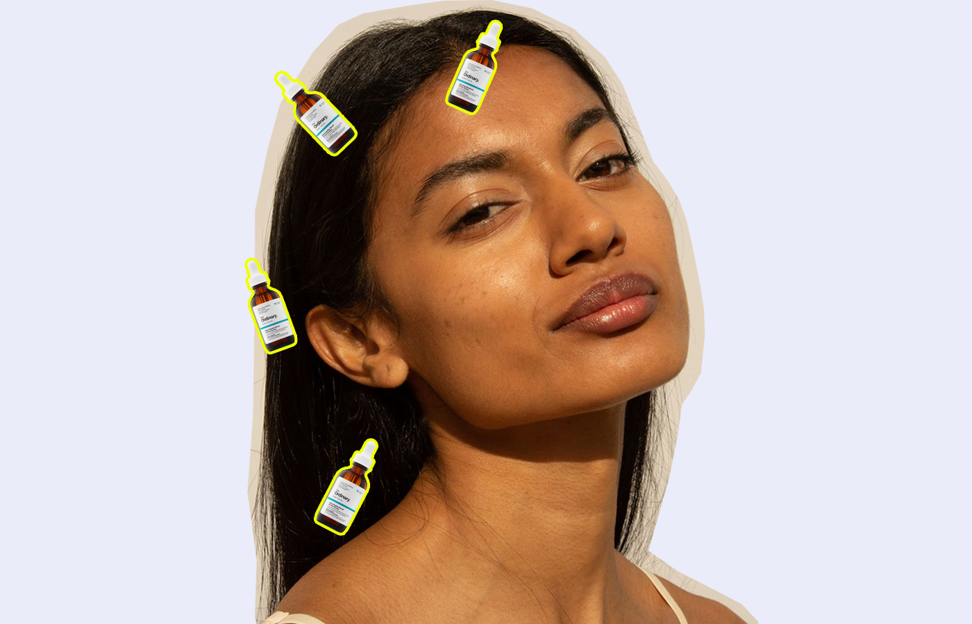 The Ordinary hair loss serums hyper imposed on black haired woman's image; purple background.