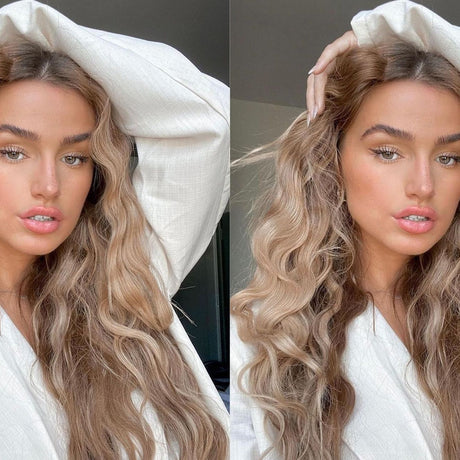 10 Perfect Hairstyles For Fine Hair Types Woman wearing Beige Blonde Dark Blonde 613/10 Halo hair extensions