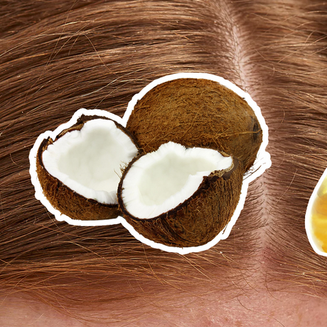 scalp treatment ingredients laid out on photo of woman's scalp