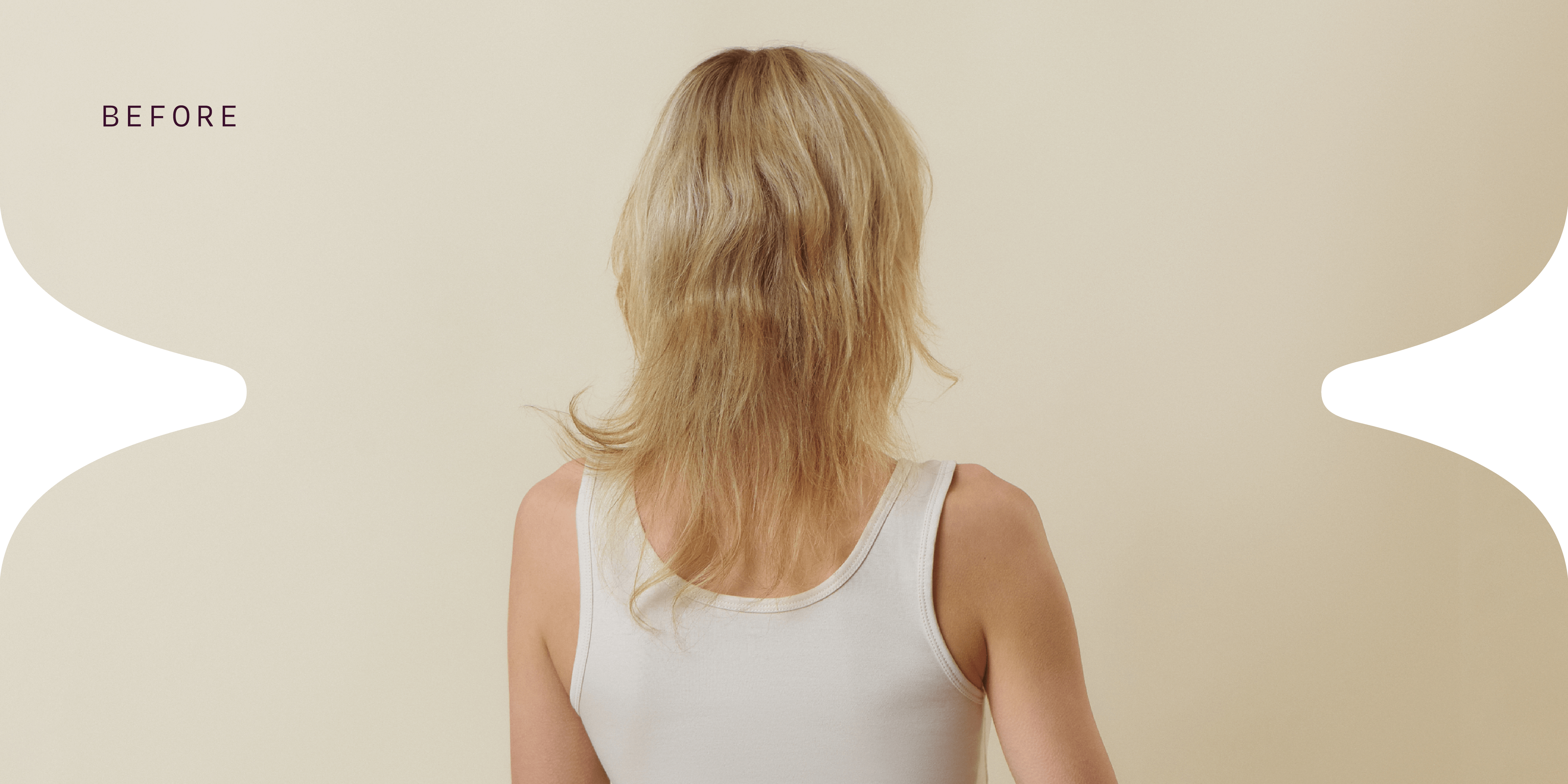 A "before" image of a blonde woman with bleach-damaged hair