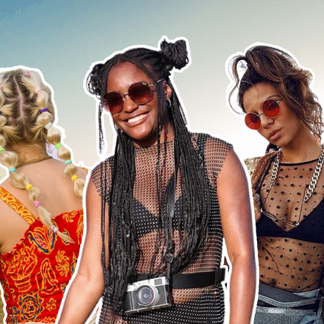 three women with festival hairstyles demonstrating this year's most popular festival hair trends