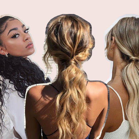 three women wearing curly ponytail hairstyles; from left, black woman with natural curly hairstyle, then blonde woman with a curly ponytail shot from the back, then side profile of another blonde woman