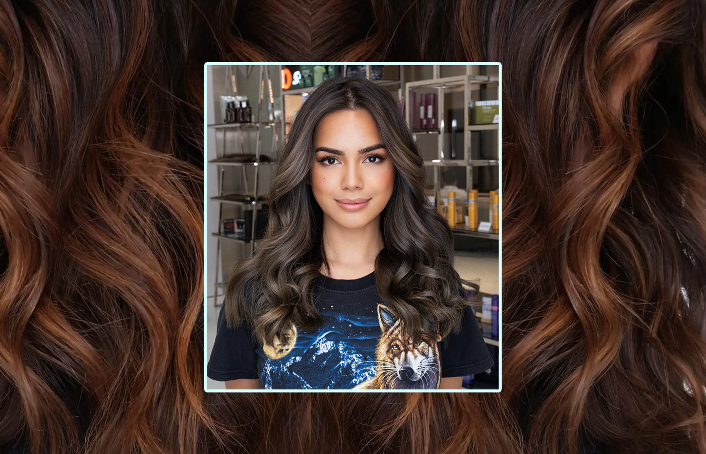 Young girl with a Dark Brown Balayage hair colour standing in front of a wall of haircare products in a salon