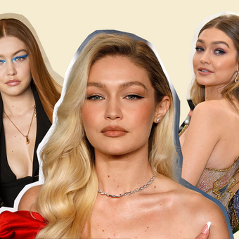 3 photos of Gigi Hadid's Hair Colour over the years; from left to right, gigi hadid with red hair colour, blonde hair, and brunette hair