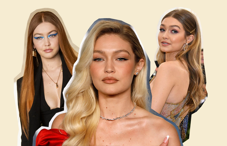 3 photos of Gigi Hadid's Hair Colour over the years; from left to right, gigi hadid with red hair colour, blonde hair, and brunette hair