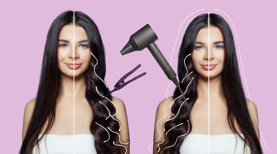 Woman styling hair with hair straighteners, wondering how hair straighteners damage your hair.