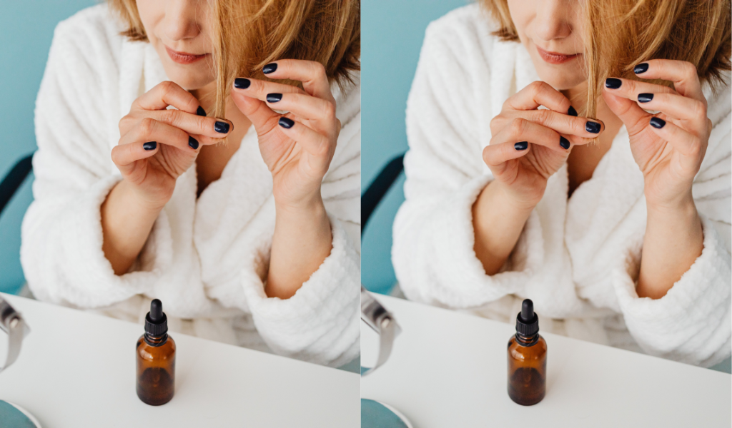 Woman using argan oil, a natural hair treatment that works.