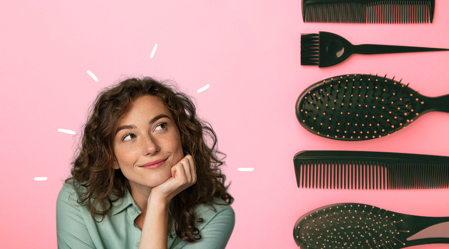 The image portrays a thoughtful woman, her hand resting under her chin, as she contemplates what type of hair brush to use based on her hair type.
