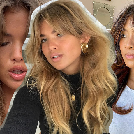 curtain bang curly hair style on 3 women: from left to right, 2 blonde women with curtain bangs and blown out curls, one woman with heat styled curls and curtain bangs