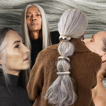 four grey hair hairstyles shown on women over the age of 60