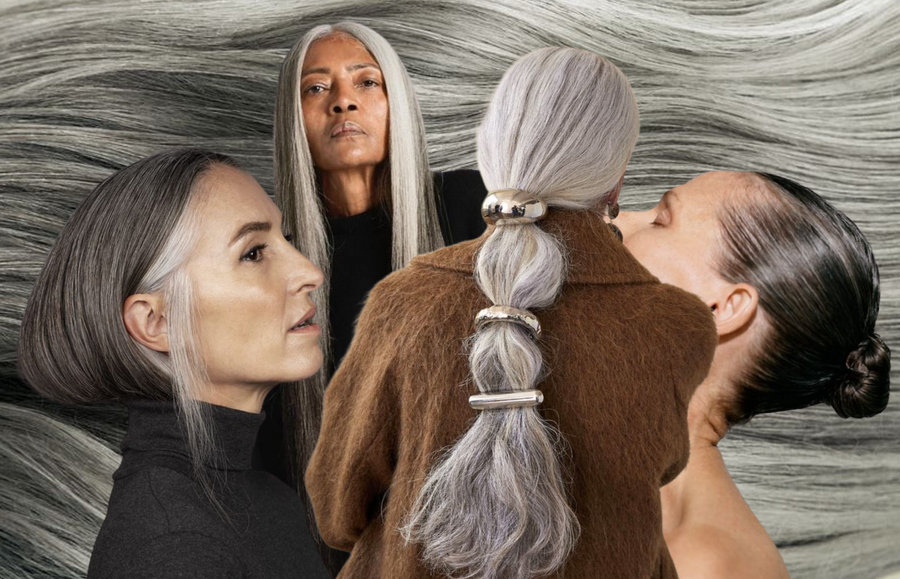 four grey hair hairstyles shown on women over the age of 60
