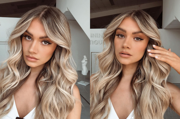 Blonde girl showing how to do hair and makeup at home