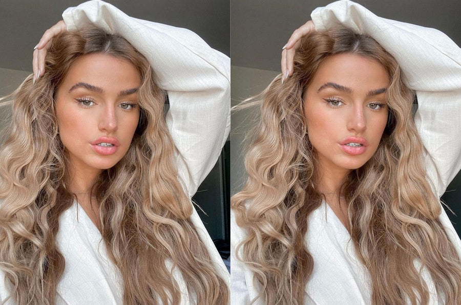 10 Perfect Hairstyles For Fine Hair Types Woman wearing Beige Blonde Dark Blonde 613/10 Halo hair extensions