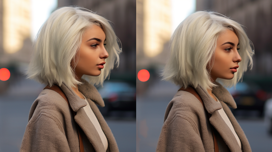 This image depicts a woman walking across the street with visibly damaged hair due to bleaching. The image serves as a visual representation of how bleach damages your hair.