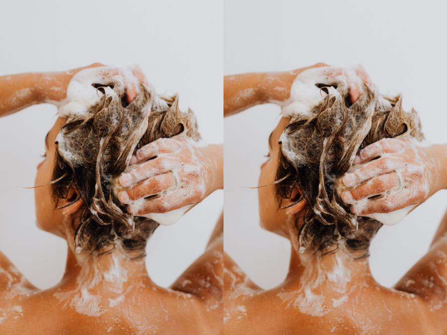 Alt Text: Back view of a woman in the shower. Caption: Experience the effects of hard water firsthand.