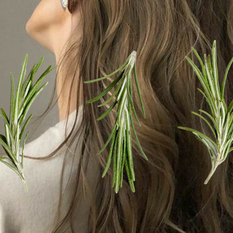 The image shows a woman gracefully applying rosemary hair oil to her hair, experiencing its benefits.