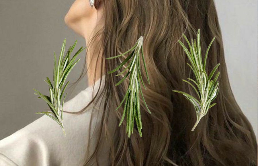 The image shows a woman gracefully applying rosemary hair oil to her hair, experiencing its benefits.