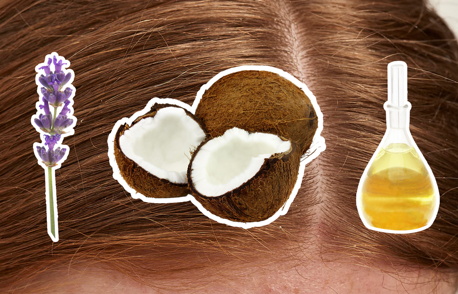 scalp treatment ingredients laid out on photo of woman's scalp