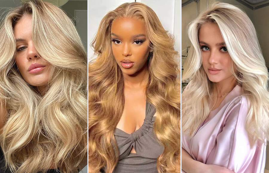 3 different types of blonde hair styled with sitting pretty halo hair extensions