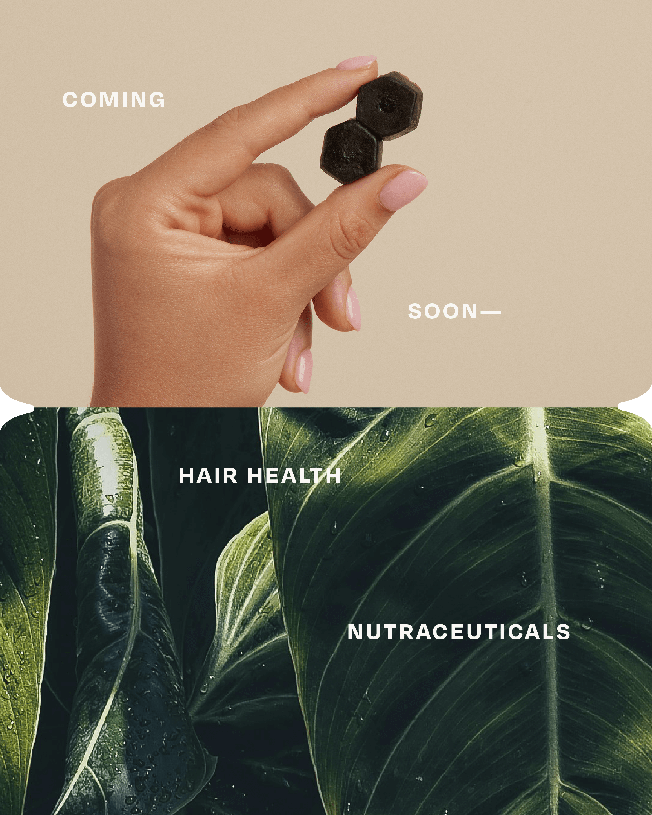 A hand holding hair health nutraceutical gummies with text that reads "coming soon"