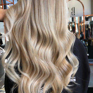 Halo hair extensions from behind by PinklaBlonde