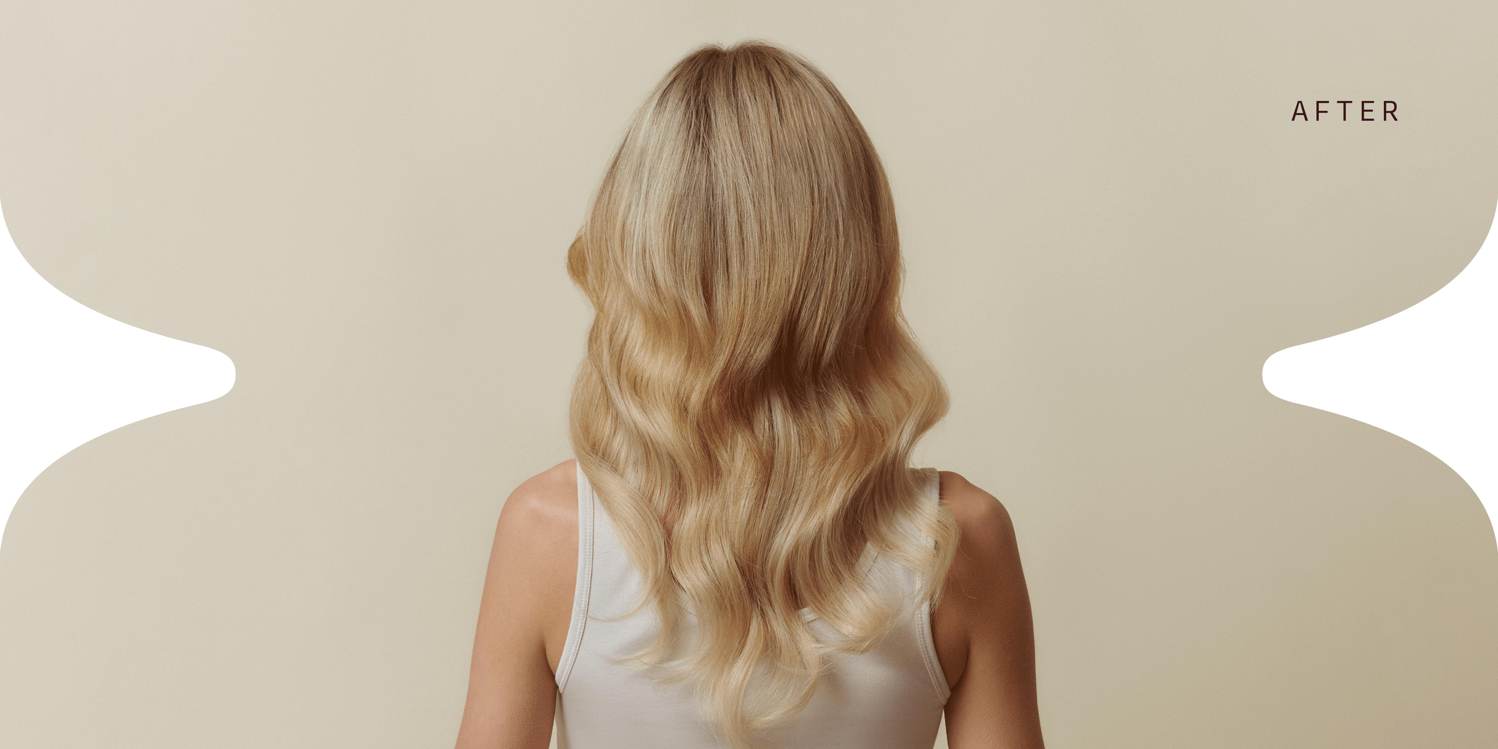 An "after" image of the same blonde woman with a halo hair extension installed
